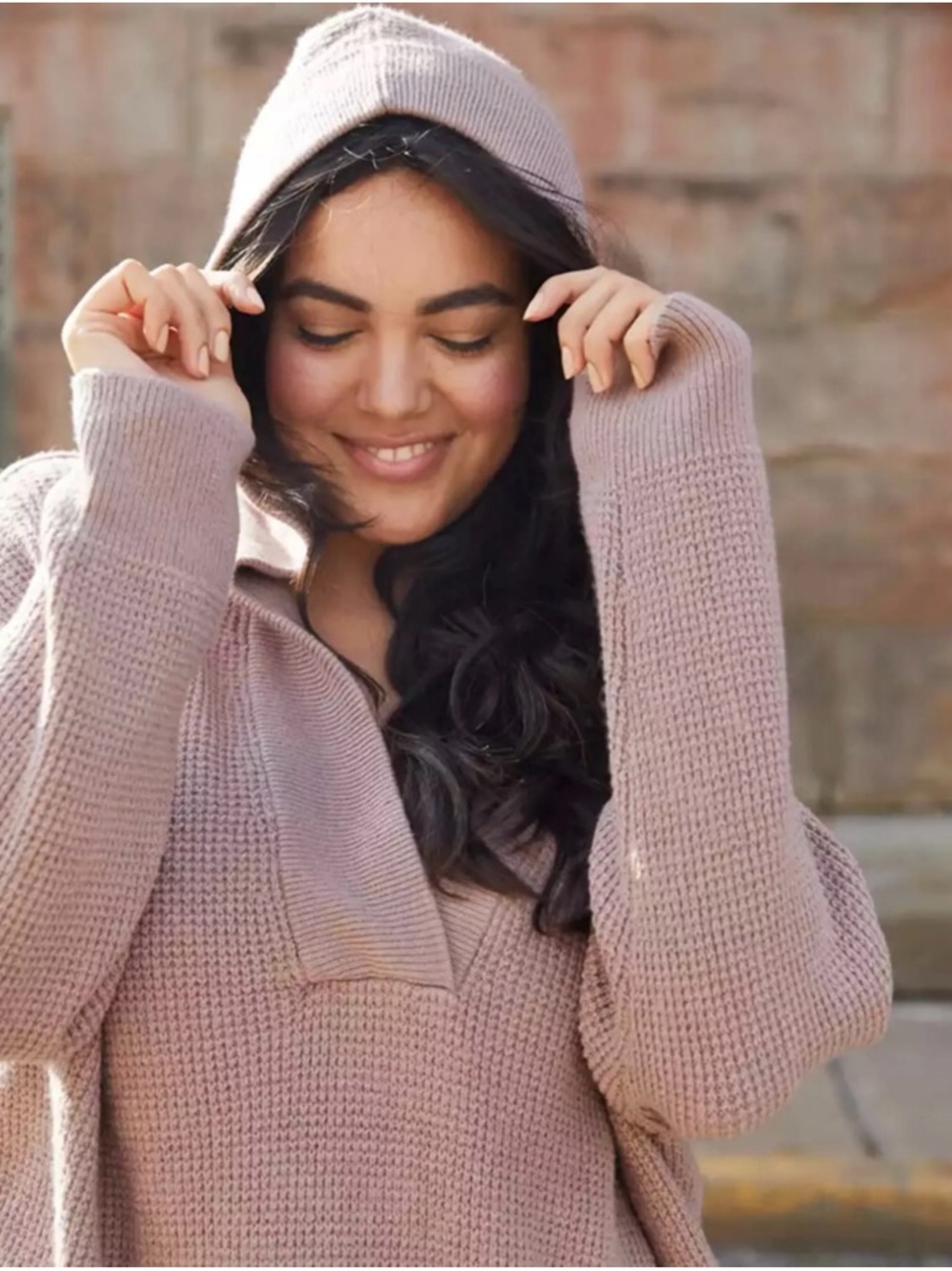 aerie Waffle-Knit Hooded Sweater in Dusty Mauve